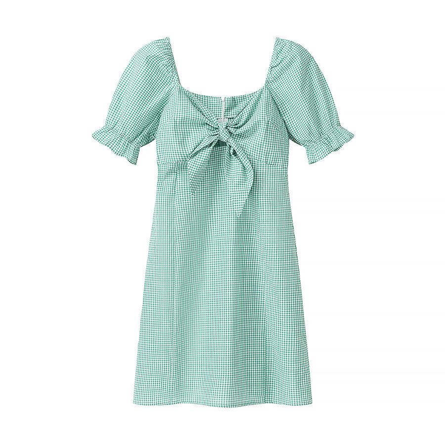 

Summer 2025 Women s Gingham Square Neck Puff Sleeve Dress L