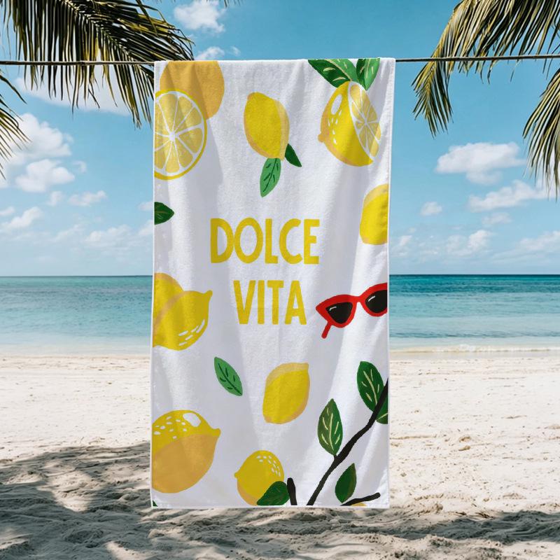 Large Quick-Drying Italian Lemon Print Towel with Blue & White Stripes - Absorbent Beach, Bath, Swim, Picnic Mat