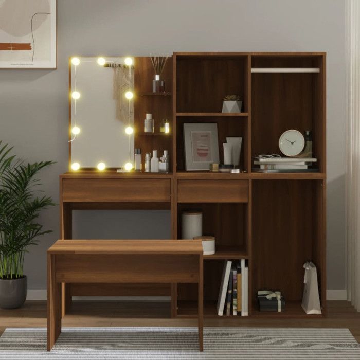 Ensemble de coiffeuse avec LED Chêne marron Bois d ingénierie
