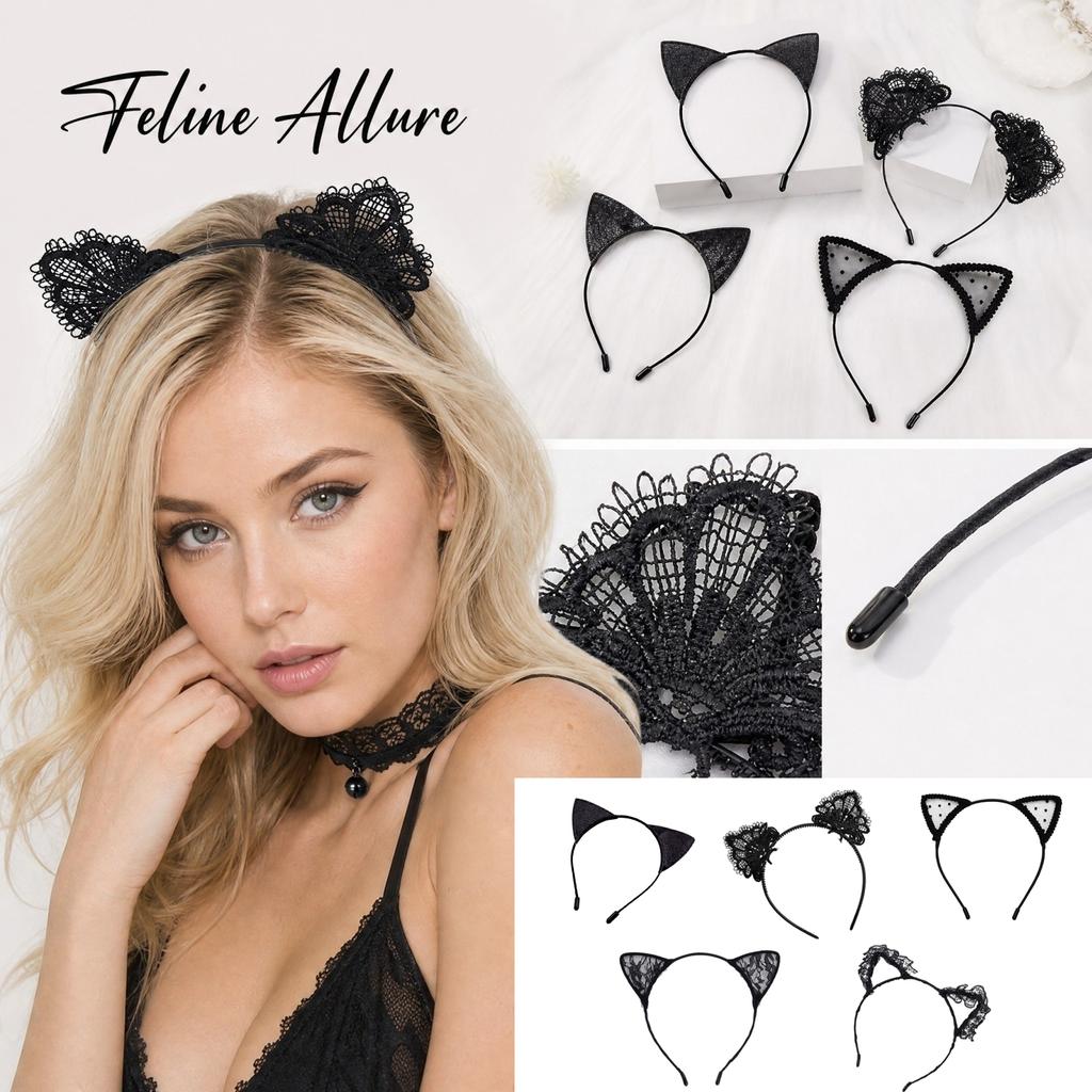 Schwarzes Spitzen-Ohr-Haarband für Damen Partykostüm