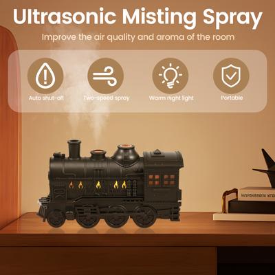 Mini Humidifier 2 Spray/Light Modes Essential Oil Diffuser 300ml Quiet Retro Train Shape Humidifier with Auto Shut Off Function