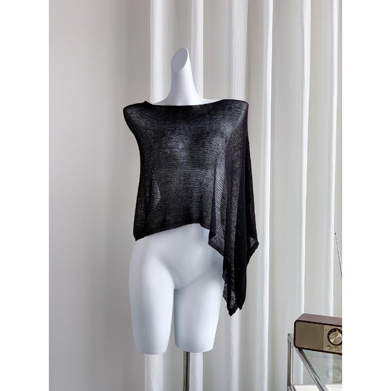 New Irregular Cape Shawl Sunscreen Shirt Women's Spring and Summer Loose Cover Up Thin Ice Silk Knitted See Through Top Casual Simple Solid Clothing