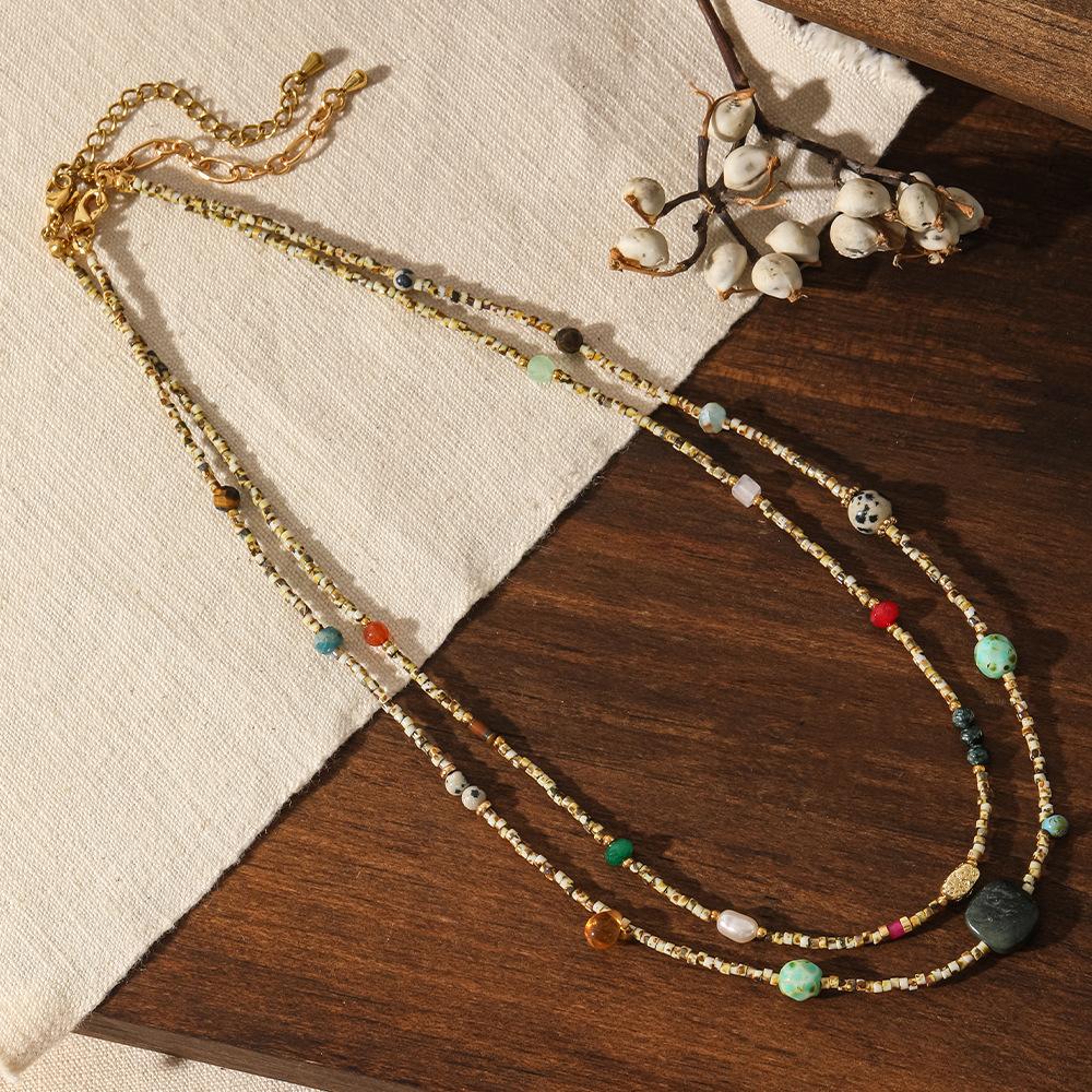 Vintage Natural Stone Beaded Layered Sweater Chain Necklace