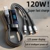 120W Super Fast Charging 3-in-1 Cable with Digital Display for Apple, Huawei, OPPO