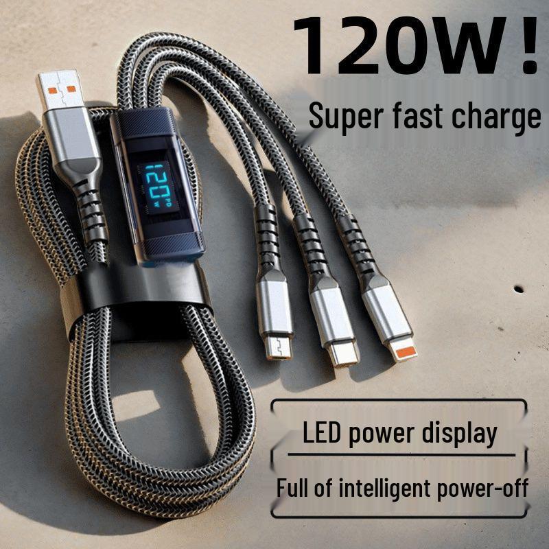 120W Super Fast Charging 3-in-1 Cable with Digital Display for Apple, Huawei, OPPO