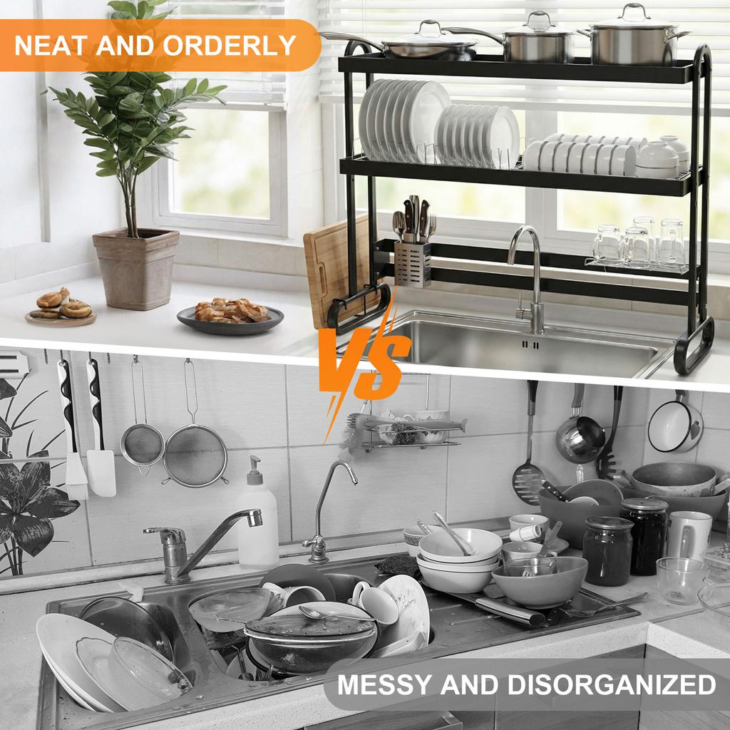 2/3 Layer Dish Drainer Stainless Steel Kitchen Dish Rack with Utensil Holder Large Capacity Anti-Slip Counter Organizer Accessor
