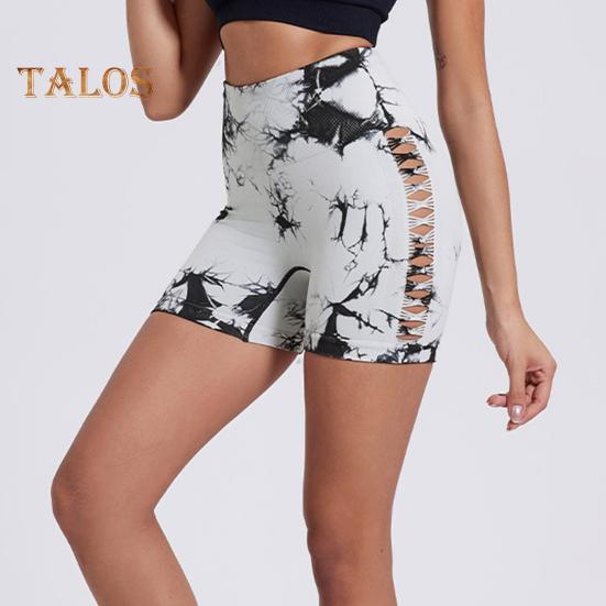 Short de yoga coupe slim haute élasticité contrôle du ventre sans couture séchage rapide tie-dye ajouré anti-exposition fesses relevées taille haute douce jogging course à pied