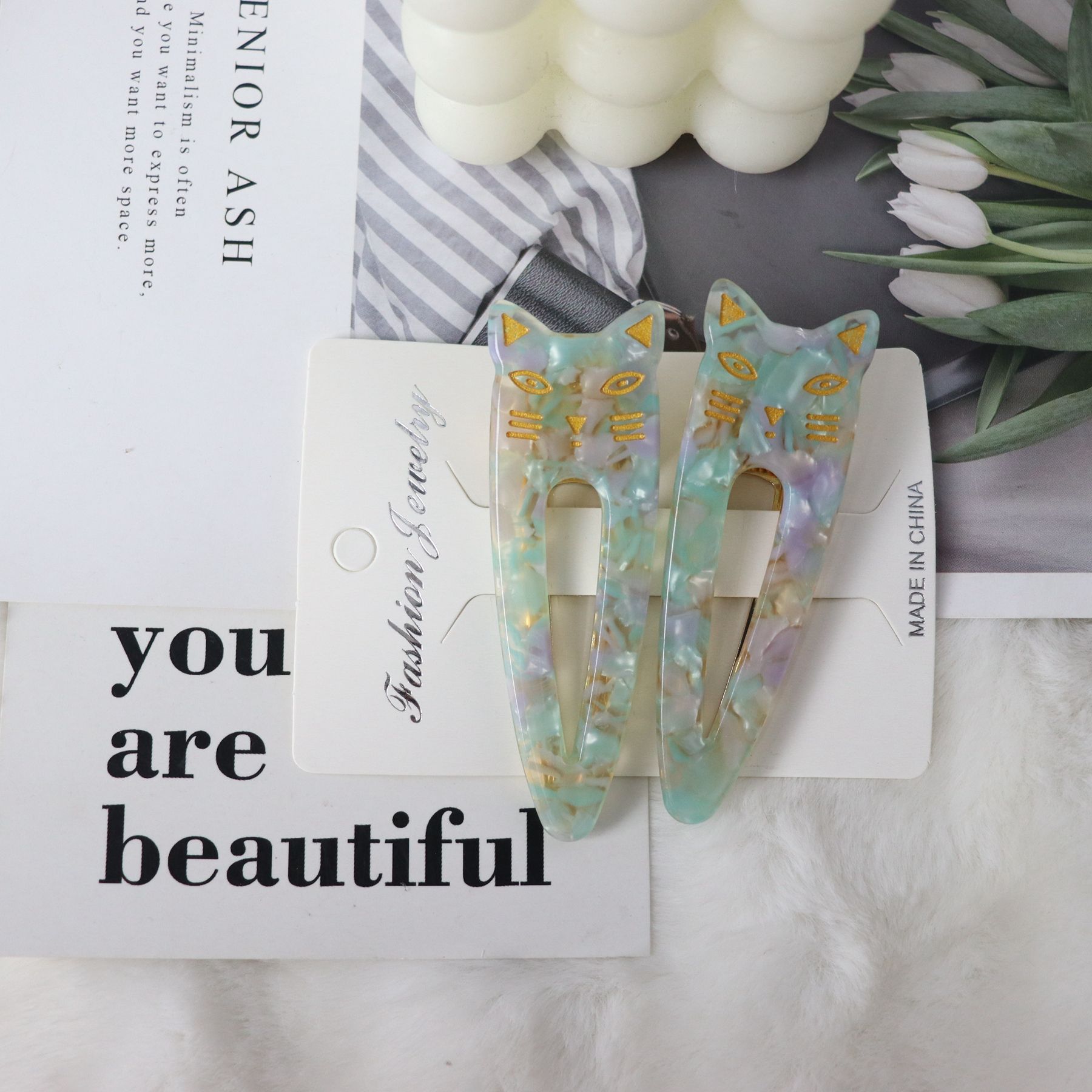 

2 шт./набор Заколки для волос Милый кот Ацетатные заколки для волос Головной убор для женщин Девушек Капля воды Леопардовый принт Заколки Аксессуары для волос Подарок