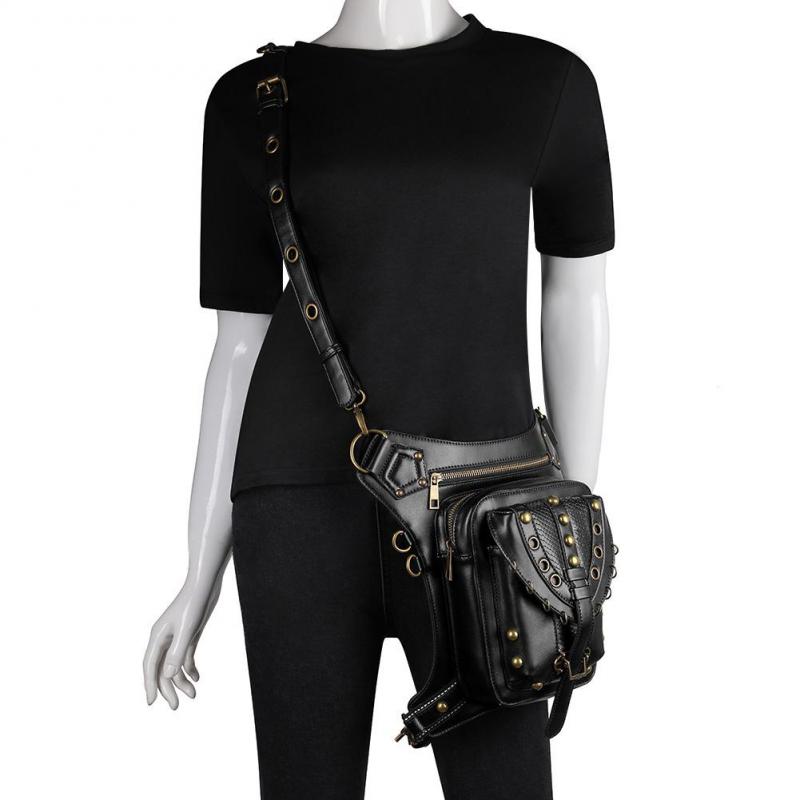 Johnature Moto & Biker Dame Midjepakke Multifunksjonell belteveske Fashion Rivet Pu Leather Skulder- og Crossbody-vesker