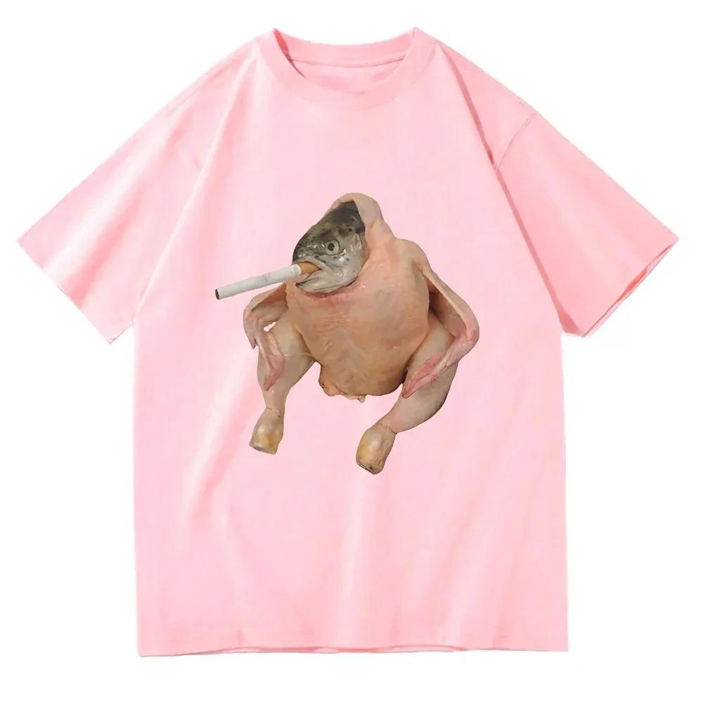 Women Clothing Harajuku Tee Graphic Tee Fish Face Chicken Smoking A Cigarette Meme Top Funny Tee Aesthetic Minimalist Loose Tee
