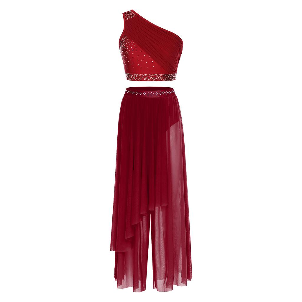 Abbigliamento da Danza da Donna Crop Top Asimmetrico con Strato Superiore e Strass, Monospalla in Rete Arricciata, con Pantaloncini Integrati per Performance Lirica