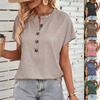 Dames Henley Nek Korte Mouw T-shirt Losse Pasvorm Effen Kleur Knopenlijst Zomer Casual Recht Topje