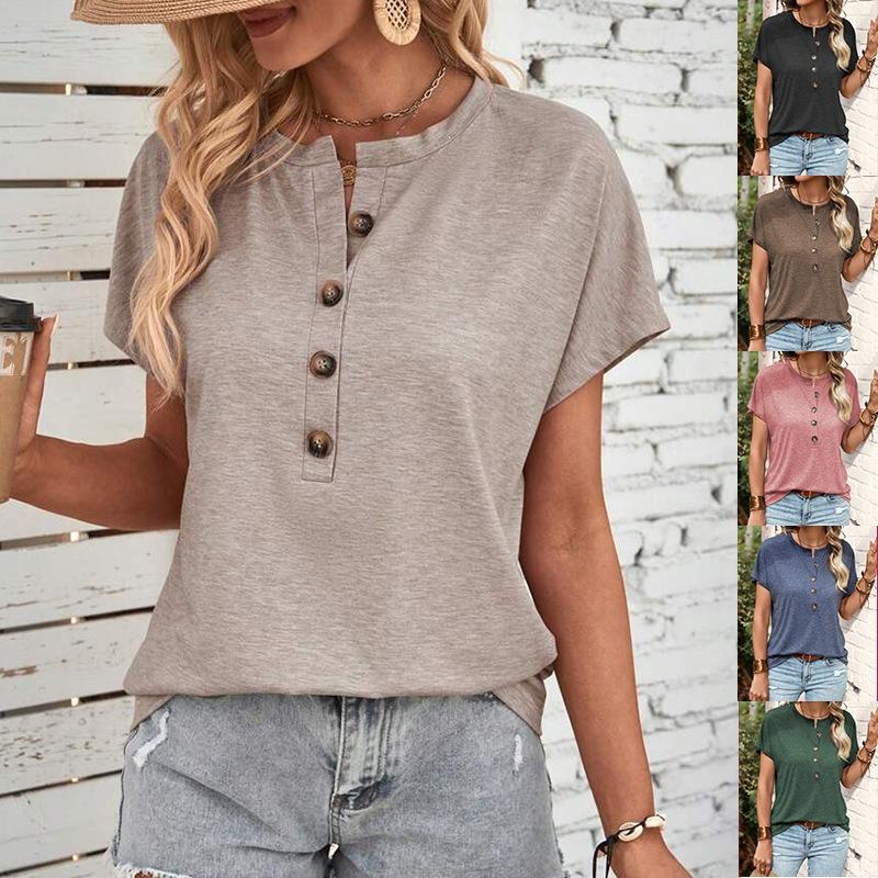 Women's Henley Neck Short Sleeve T Shirt Loose Fit Solid Color Button Placket Summer Casual Straight Top