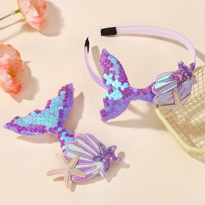 LOVEKIKI 2 Peças/lote Conjunto de Tiara e Presilhas de Cabelo Sereia Brilhante Crianças Performance Férias Acessório de Cabelo Adorno de Cabeça Requintado Presente