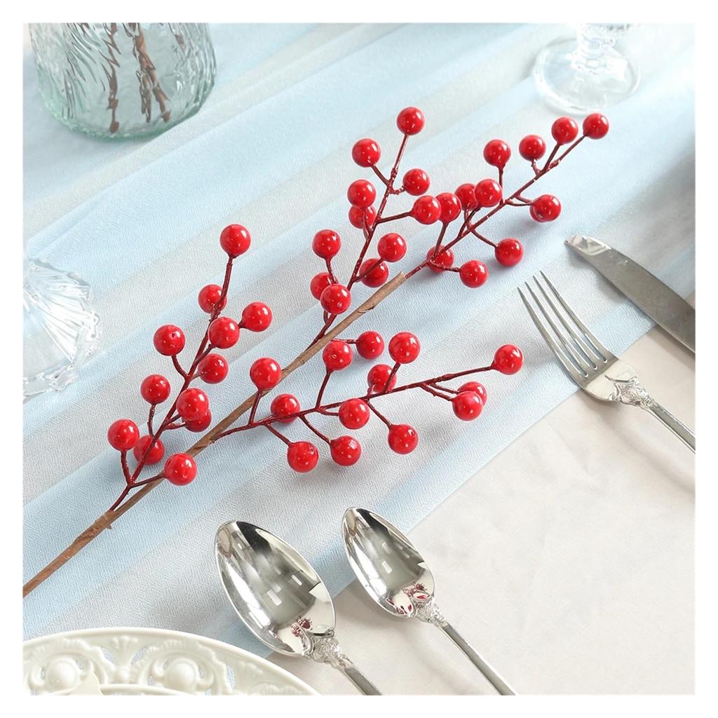 Red Berries, Artificial Red With Stem 3 Branches Holly Berries Simulation Fake Flower