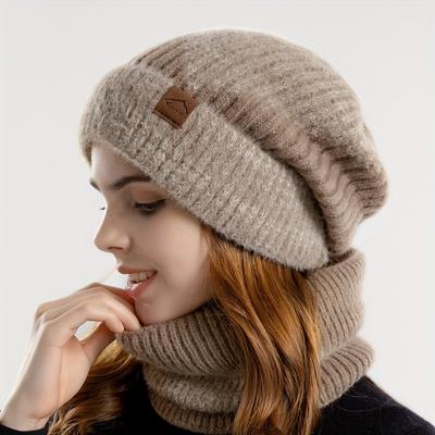 2-teiliges Schal-Slouchy-Beanie-Set für Damen, trendige Batik-Strickmützen, Fleece-Halsmanschette, weiche, kältebeständige Beanies-Schals