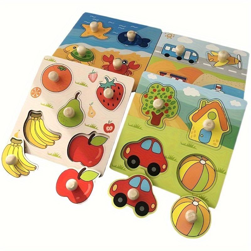Frucht-Identifikationsbrett 3D Holzpuzzle für Frühes Lernen, Handliches Legespiel mit bunten Frucht-Gemüse-Teilen