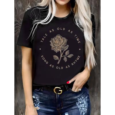 Europäische Größe Lässiges T-Shirt - "Tale as Old as Time" Rosen-Grafik Kurzarm-Oberteil, Rundhalsausschnitt Normale Passform Bluse, Lässige Kleidung für alle Jahreszeiten