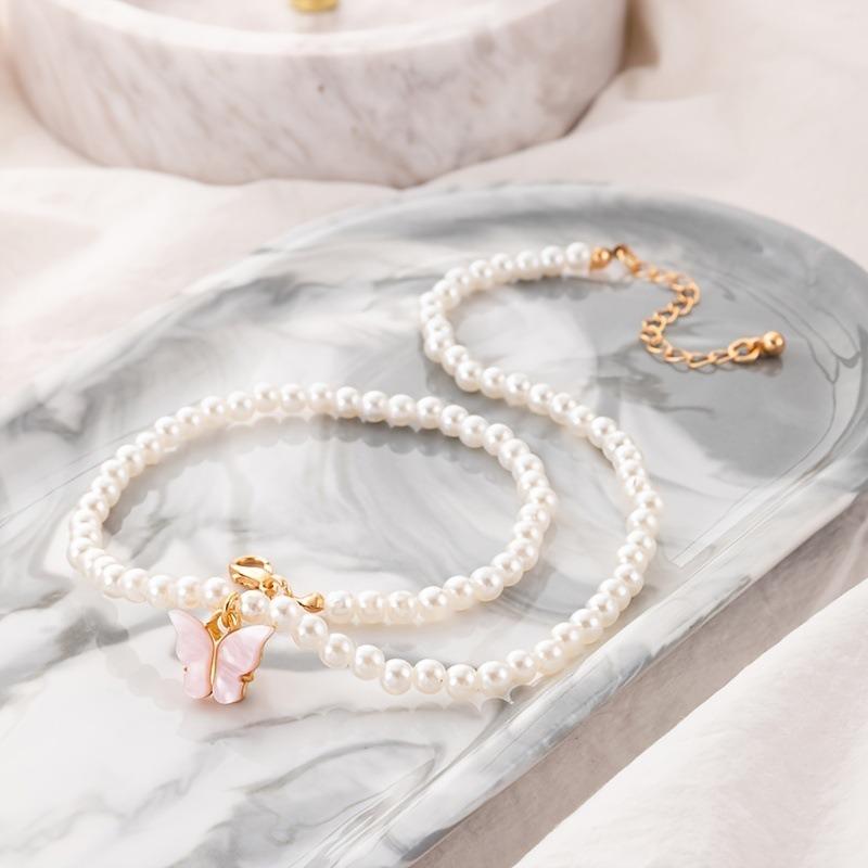 Women Simple Vacation Imitation Pearl Butterfly Clavicle Necklace