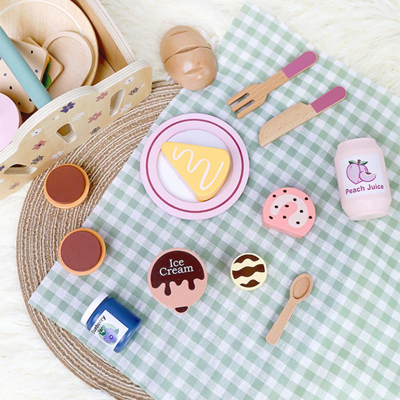 Picnic basket hand-held basket pretend play toys children's wooden simulation tableware set girls' toys desserts and cakes