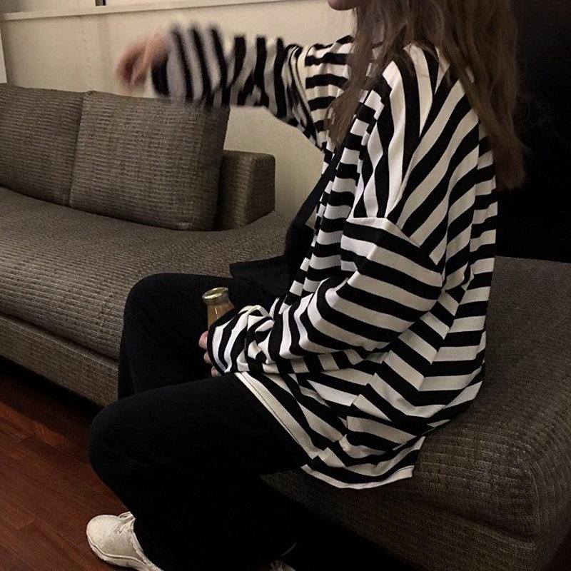 Autumn New Harajuku Style Ins Black And White Stripe Early Autumn Loose Long Sleeved T-Shirt Schoolgirl Top