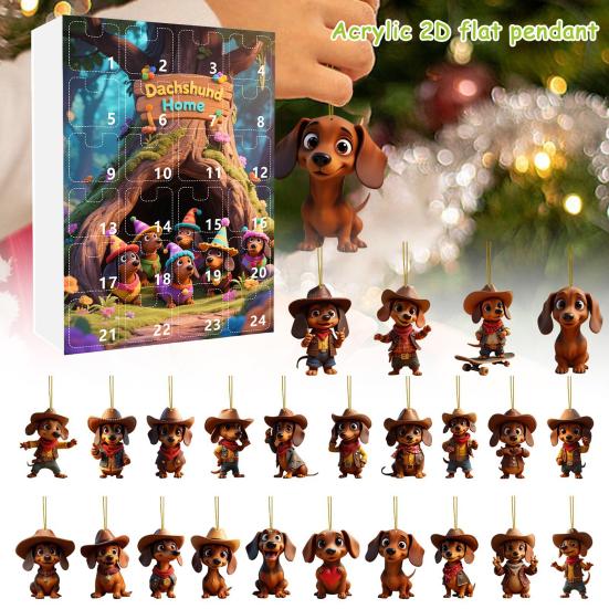 Dachshund Dog Advent Calendar 2025 24 Days Christmas Countdown Calendar with 2D Acrylic Hanging Dachshund Ornaments for Xmas Tree Decor