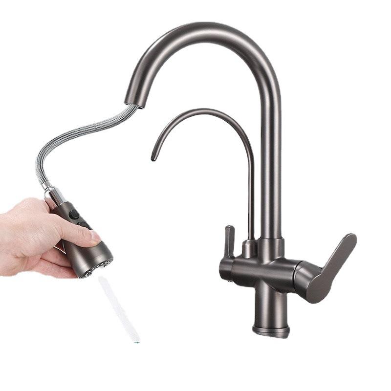 Matte Black Kitchen Faucet with Pure Water Function Dual Handle Tap Deck Mounted 360 Rotation Pull Out Hot Cold Mixer Taps