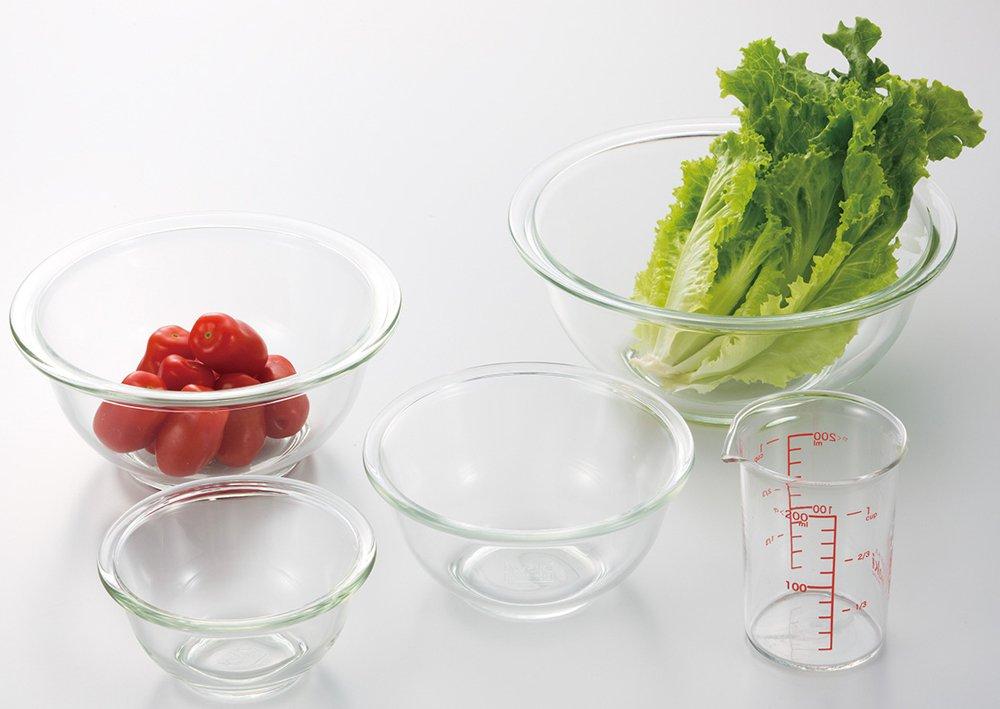 Iwaki AGC Techno Glass, Heat Resistant Glass Bowl, Round, 4 Piece Set, Includes Measuring Cup