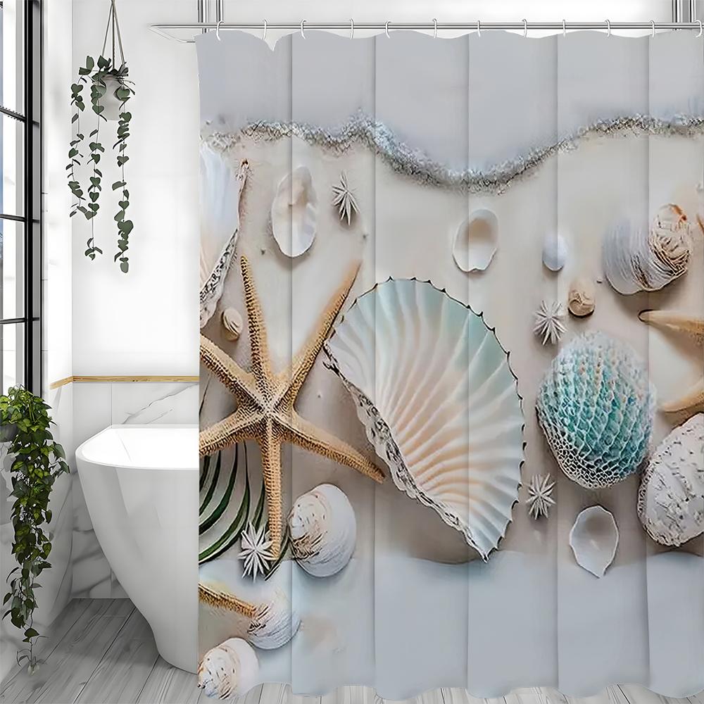 Ocean Shell Shower Curtain, Ocean Beach Shell Starfish Summer Bathroom Decorative Shower Curtain, Waterproof Shower Curtain with