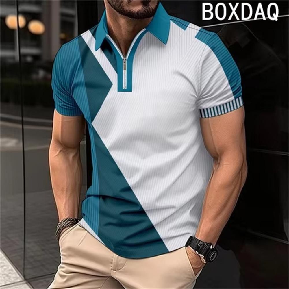 Men's Short Sleeved Shirt, Fashionable Geometric Pattern Patchwork Shirt, Men's Summer Sports Polo