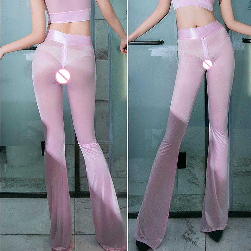 Sexy Shiny Zipper Open Crotch Flare Pants Hollow Out Crotchless Smooth Sexy Hips Capris High Waist See Through Sexy Pants F20