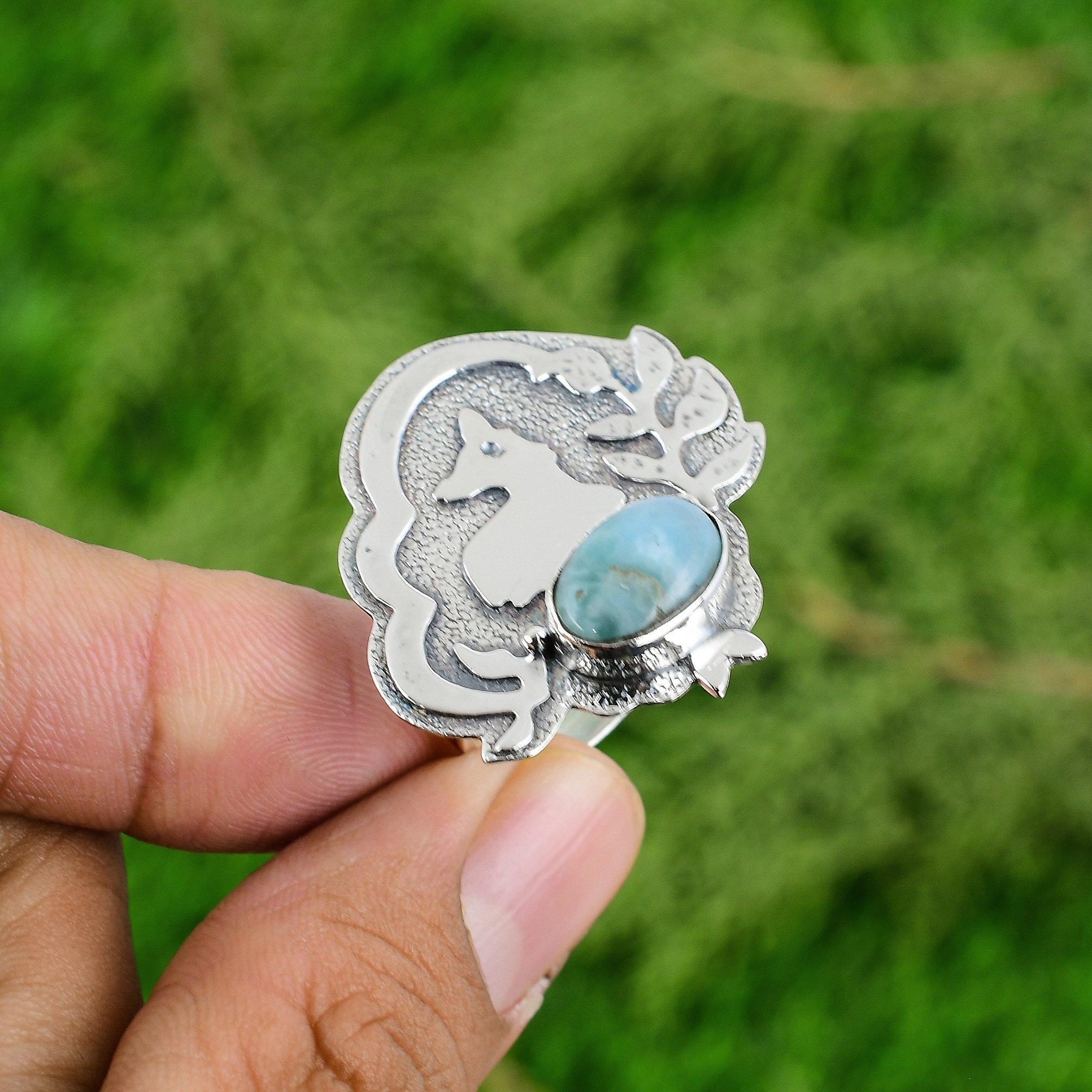 

Mothers day Sale Natural Larimar 925 Sterling Silver Wife Multi Stone Bezel Ring Adjustable