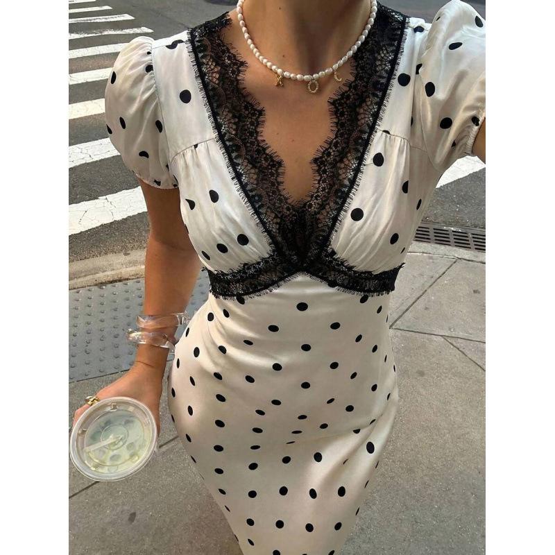 European polka dot printing neckline lace splicing v-neck elegant romantic temperament fishtail dress XS