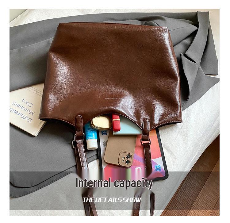 Women's Large Retro Soft Leather Tote: High-Quality, Versatile Fashion Shoulder Bag for School & Commute