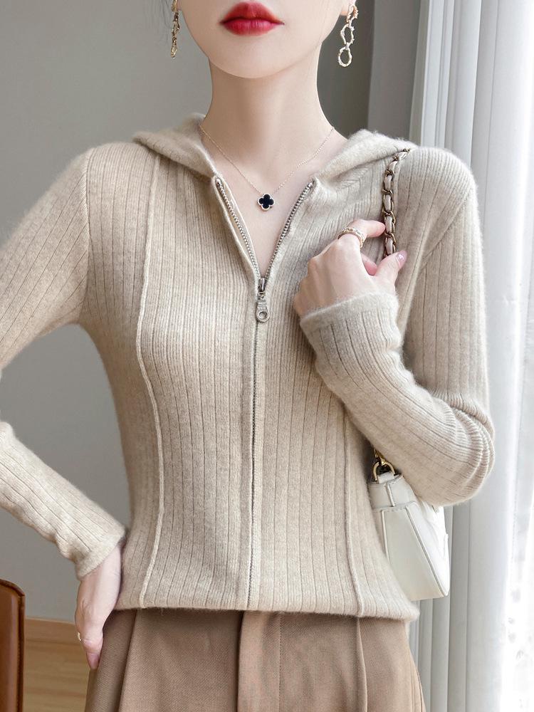 Women's Striped Hooded Wool Cardigan - Long Sleeve, Slimming Zip-Up Sweater for Autumn/Winter