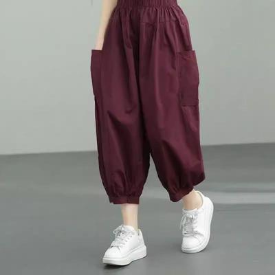 Pure Cotton Women's Slim Harem Pants - 2024 Summer High Waist Bloomers with Loose Cuffs and Plus Sizes