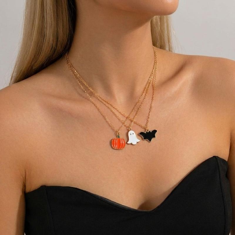 Spooky Jewelry Set for Women, 9 Piece Pumpkin Bat Figure Necklace Ring Earring Collection for Halloween Parties, Cosplay, and Themed Outfits