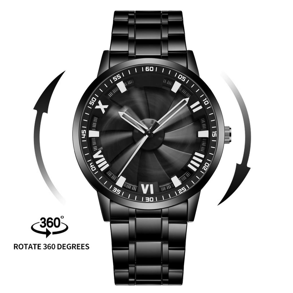 Men Quartz Watch Stainless Steel Rotating Wheel Clock Movement Casual Sports Wristwatch
