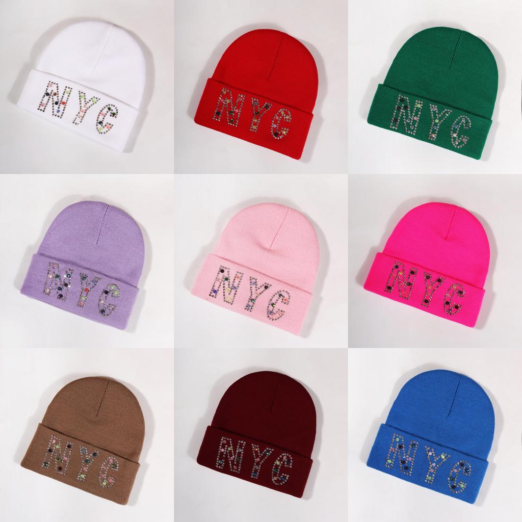 Rhinestone Nyc Letters Knit Hat For Unisex Autumn Winter Warm Cap Fashion Gift