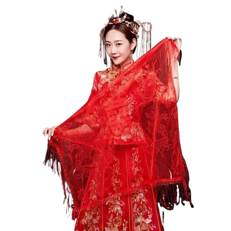 Red Xiuhe Summer Bridal Dress with Semi-Transparent Veil and Head Covering