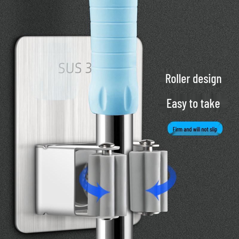 Punch-Free 304 Stainless Steel Mop & Broom Holder - Bathroom Hook & Clip