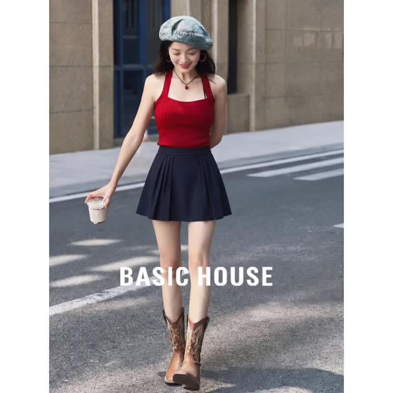Basic House Women s High-Waisted Pleated A-Line Skirt M
