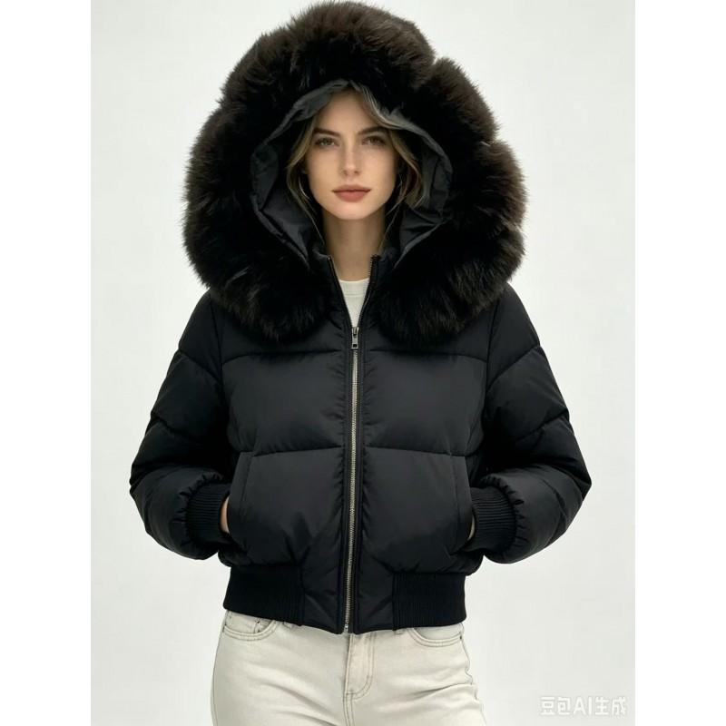 Womens Short Winter Puffer Coat With Faux Fur Hood Slim Fit Petite Ladies
