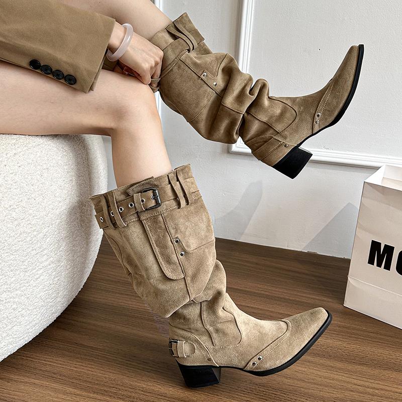 Fashion Autumn Winter Pleated Women Western Cowboy Boots Vintage Square Low Heels Shoes Female Belt Buckle Long Booties