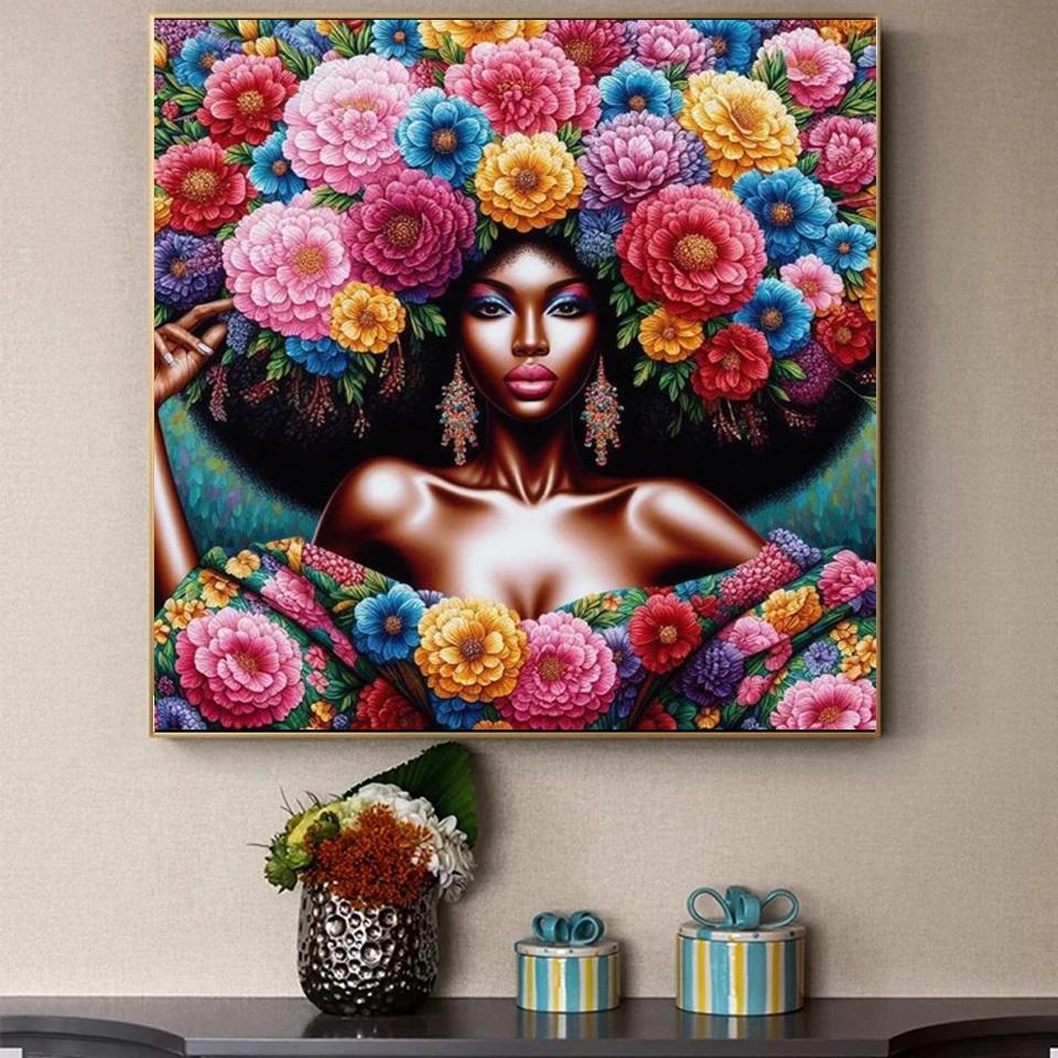 Flowers African Women Diamond Mosaic Sale Full Square Round Diamond Painting DIY Embroidery Picture Of Rhinestones Art