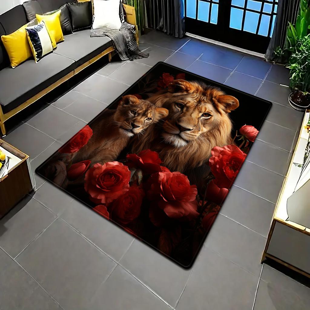 Romantic Rose & Lion Couple Rug – Square Dual-Lion Design Carpet for Bedroom or Living Room Indoor Decor