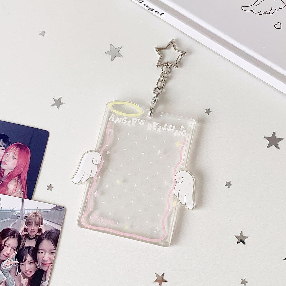 Cute Acrylic Kpop Card Holder Keychain Angel Wing Album Binder Photo Frame Protective 3 Inch Idols Photocard Holder Bag Pendant