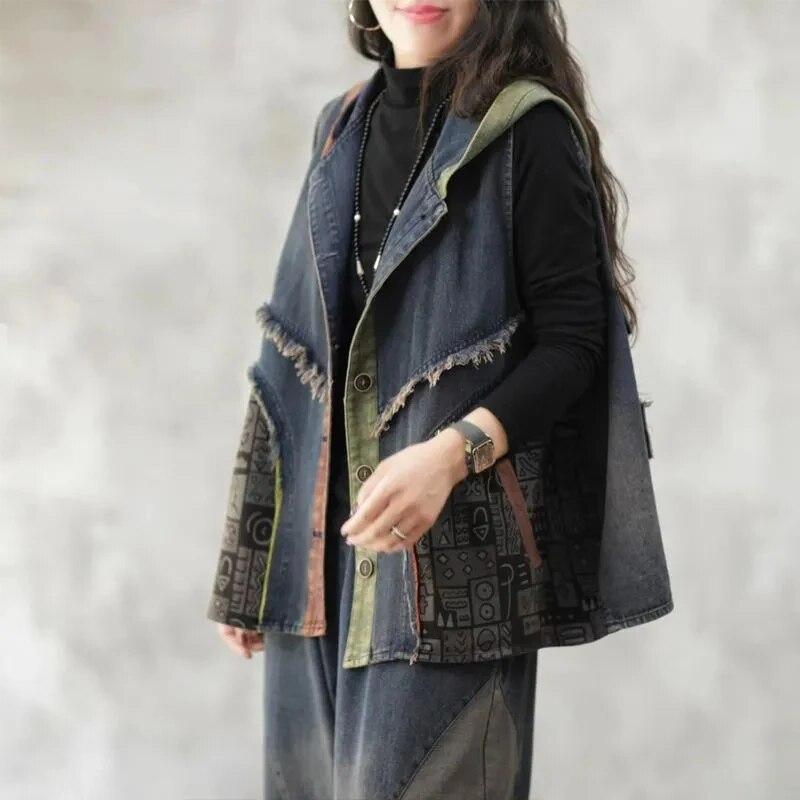 Women's  Denim Vest Spring and Summer Clothing Loose Plus Size Coat Short Fashion Color Matching V Neck