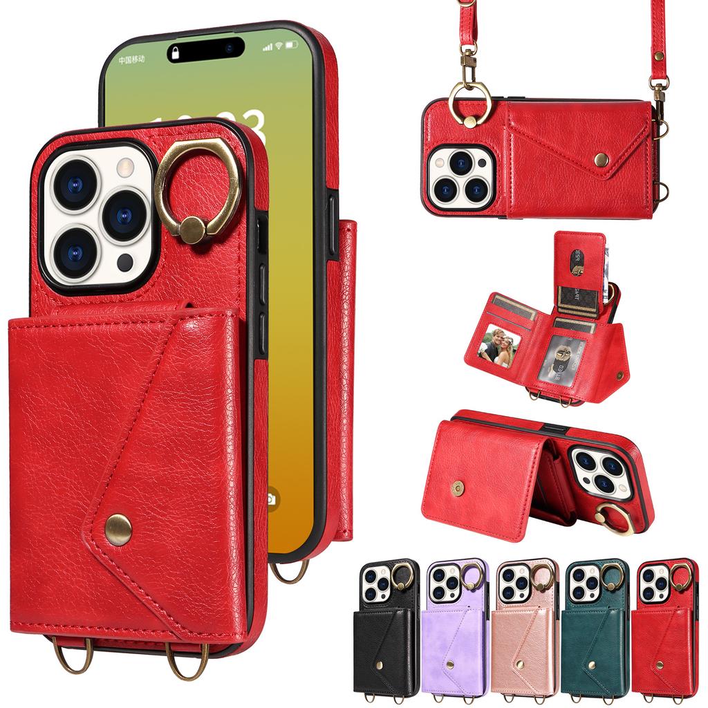 Applicable To iPhone16 Mobile Phone Case 15Pro Lychee Pattern Ring Buckle Multi-function Card Wallet Oblique Span Protective Case