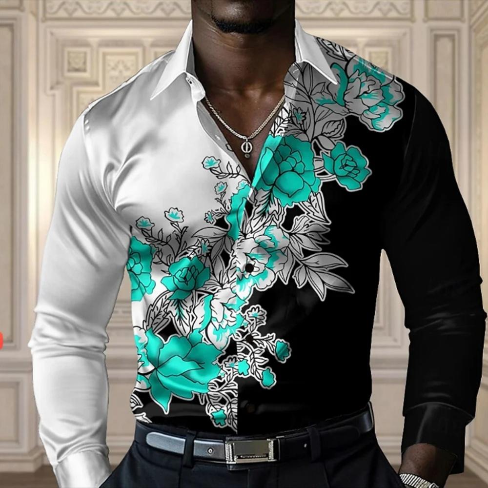 Fashion Colorful Flowers Pattern 3D Print Mens Long Sleeve Shirt Autumn Button Down Casual Shirt Lapel Mens Clothing Tops